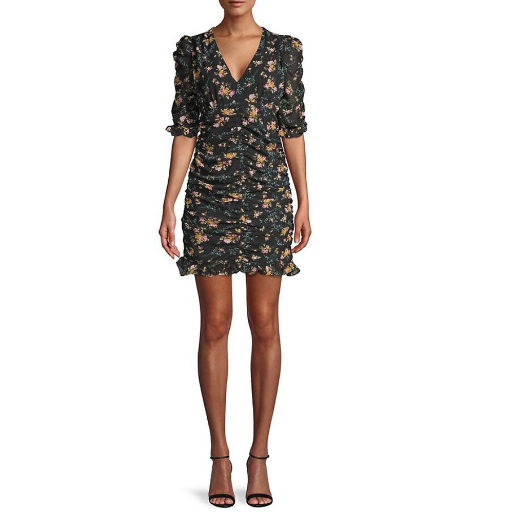 Lea & Viola Shirred Floral Mini Dress S Black Floral